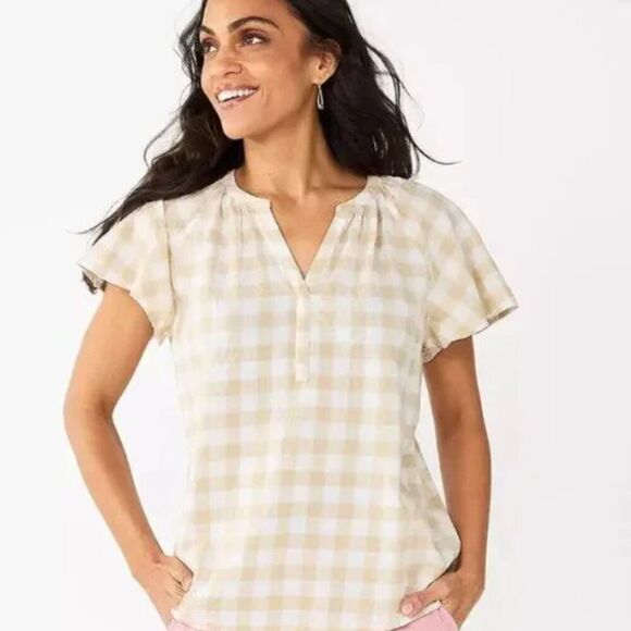 Sonoma Tops - Women's Sonoma Plaid Gingham Flutter Sleeve Y Neck Neutral Top Size XXL
